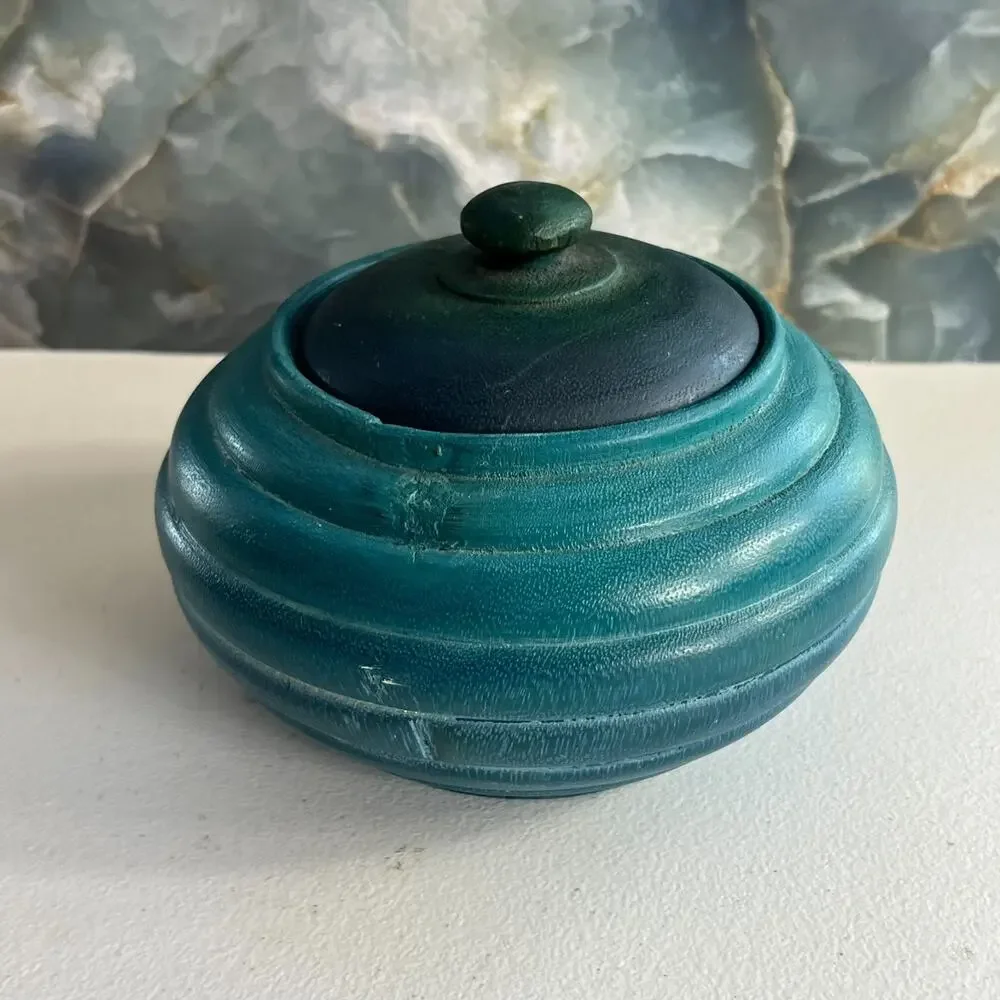 Vintage Lathe Turned Wooden Trinket Box with Lid Ombre Blue Teal